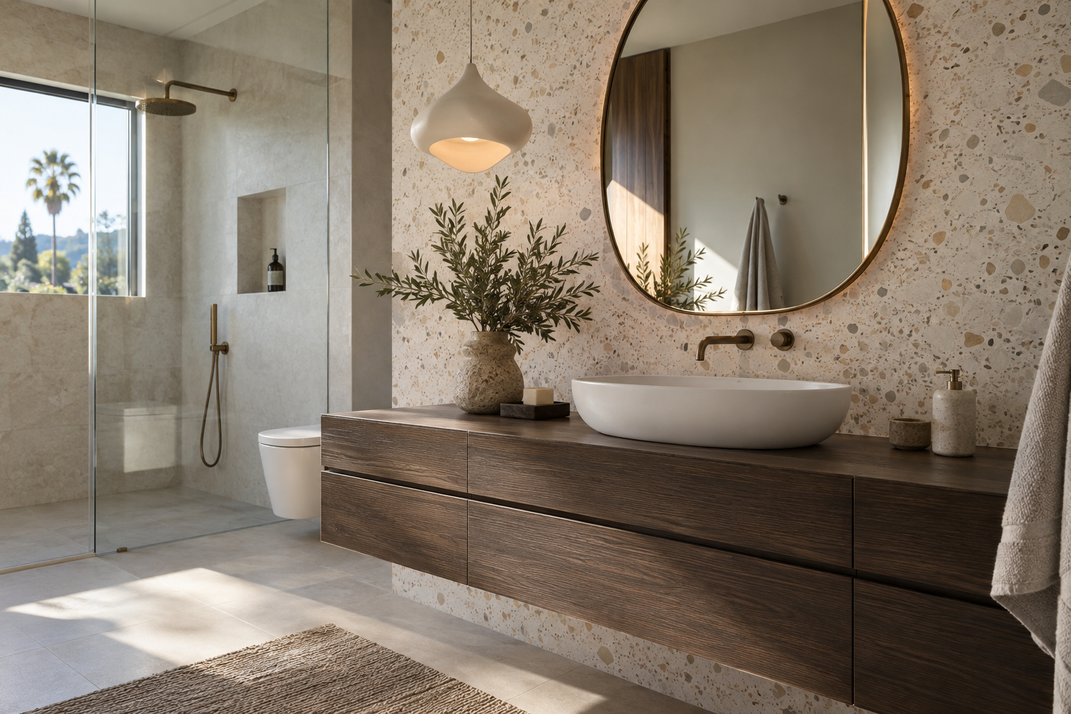 Bathroom remodel with terrazzo wall and floating vanity